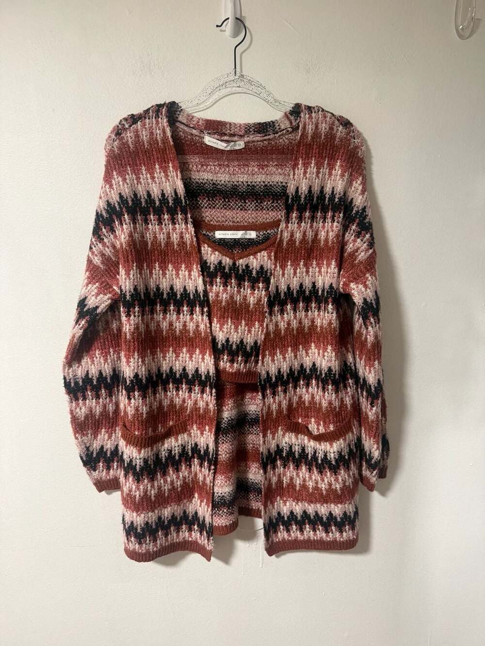 NWOT Altar'd State Cardigan Set Size L Pink Black Chevron Wave Knit